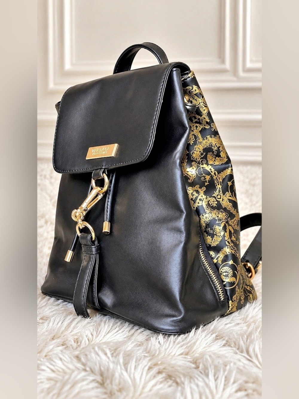 Authentic Versace Parfums Black Gold Barocco Print Backpack NWOT